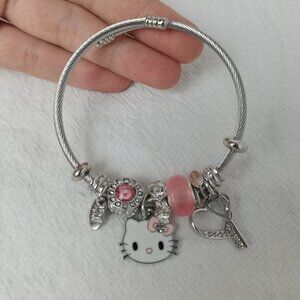 Hello Kitty Charm Pendant Tone Bangle Bracelet Silver & Pink
